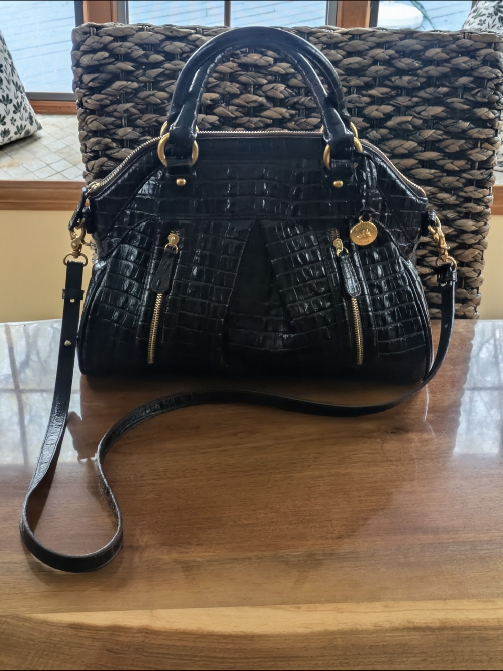 Brahmin Black/Brown Croc-Embossed Satchel with Gold Hardware